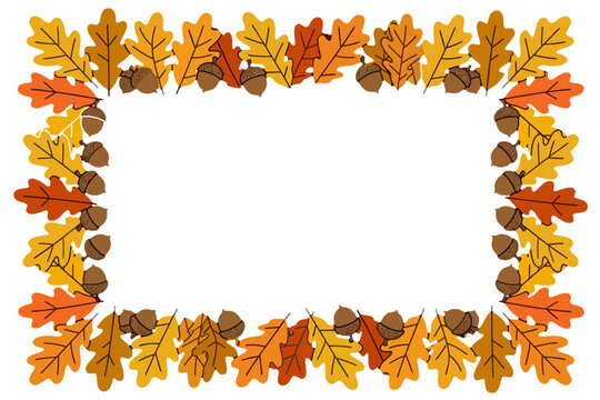 Vibrant autumn oak leaf and acorn border design, perfect for seasonal invitations, greetings, or decorative frames, capturing the essence of fall nature with warm earthy tones