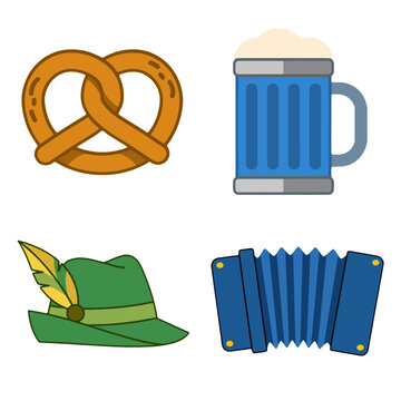 Traditional Bavarian Celebration Icons Set with Pretzel, Beer Mug, Folk Hat, and Accordion, Perfect for Cultural Events and Festive Designs