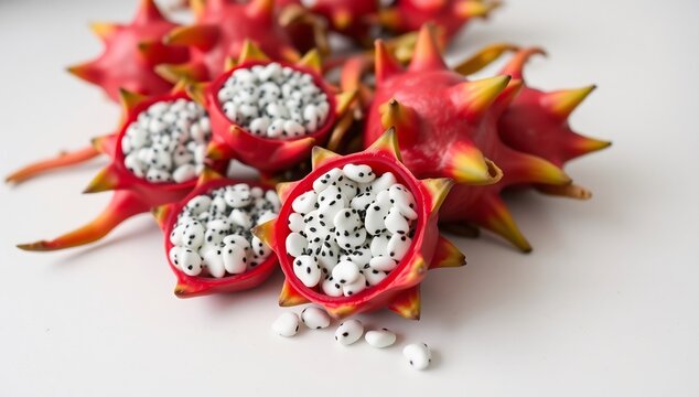 Vibrant red dragon fruit halves filled with revealing cluster small white seeds black spots