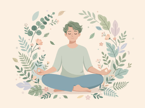 Meditating individual finding peace amidst a natural botanical wreath, symbolizing inner harmony, mindfulness, and a holistic approach to mental and physical well-being