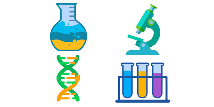 Vibrant scientific icons collection microscope, beaker, test tubes, and DNA helix. Essential laboratory tools representing biology, chemistry, and genetic research