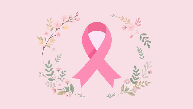 Symbol of Hope and Support Delicate Pink Ribbon for Breast Cancer Awareness, Encircled by a Gentle Floral Wreath on a Soft Pastel Background, Representing Solidarity and Health