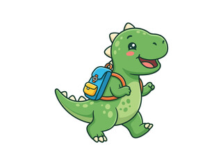 Fototapeta premium cute cartoon green dinosaur wearing school backpack walking happily.
