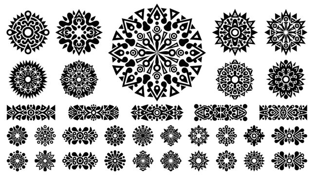 Assorted black mandala patterns and floral decorative border elements.