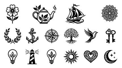 Fototapeta premium Black and white nature and nautical icon set on white background
