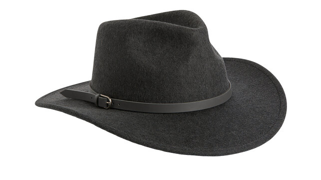 Dark grey felt fedora hat with leather band and buckle