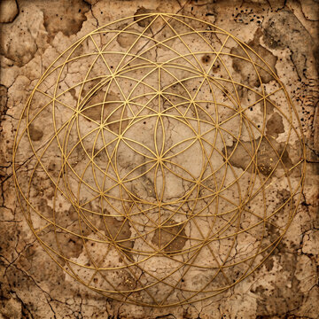 Abstract background of distressed antique parchment with a precise sacred geometry pattern in glittering gold lines
