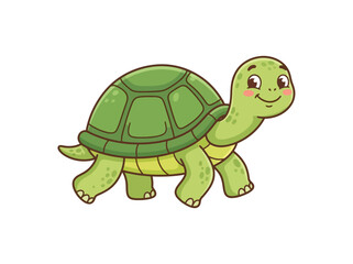 Obraz premium A friendly cartoon turtle walking happily against a plain white background.