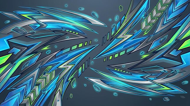 Blue neon digital racing graphics on dark background.