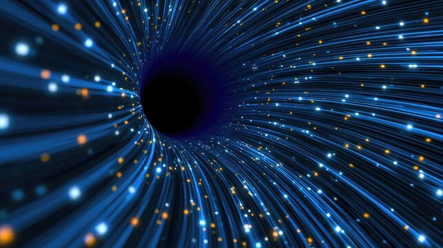 Abstract digital vortex of glowing blue lines and scattered orange particles