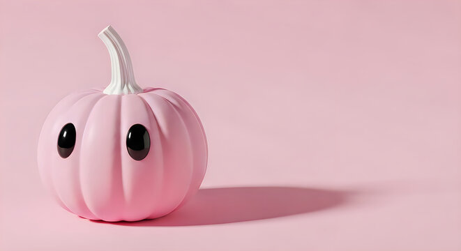 Pink pumpkin with cartoon eyes on a pastel pink background 3d rendering