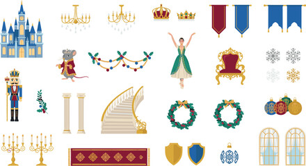 Nutcracker ballet theater vector element set with dancing ballerinas, red curtains, classical orchestra instruments, snowflakes, and stage decorations. © Monirul