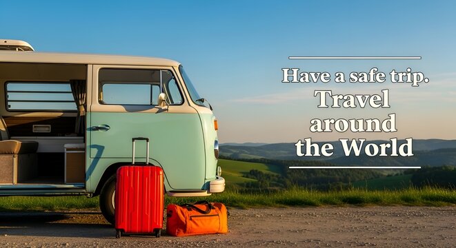 Vintage green camper van with luggage traveling on scenic road trip adventure in summer sunset landscape