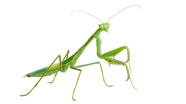 Green praying mantis insect with long antennae and spiky forelegs