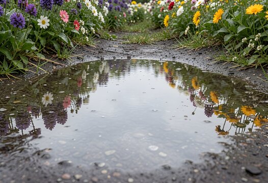 Flower field reflected in a still puddle after rain
