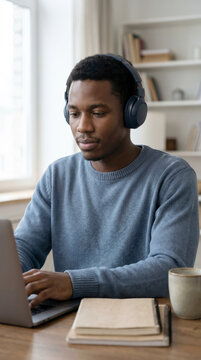 Focused student wearing headphones studying online course on laptop at home desk