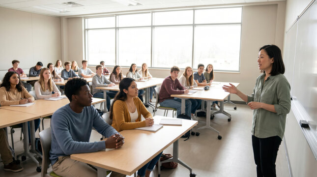 Engaged instructor teaching attentive college class in bright modern lecture room