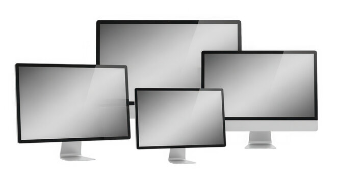 Group of modern computer monitors of different sizes isolated on transparent background