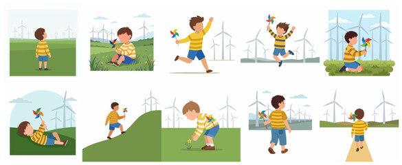 Fototapeta premium Boy Playing with Toy Pinwheel in Wind Turbine Farm Illustrations Set, Renewable Energy Concept