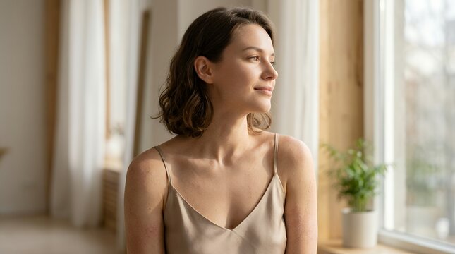Young woman with healthy skin looking out window. Female portrait with natural glow.
