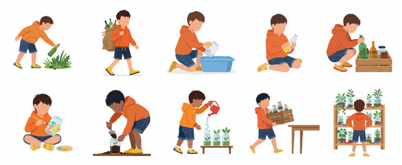 Fototapeta premium Boy recycling and upcycling glass bottles and jars for gardening and creative projects illustration set