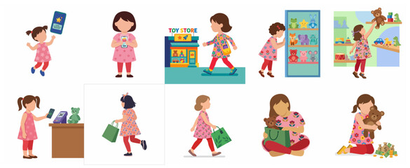 Little girl shopping for toys at the store, using smartphone for digital payment and managing allowance, flat vector illustration set