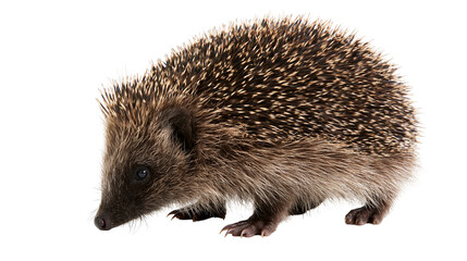 European hedgehog with brown spines and fur on white © darietta