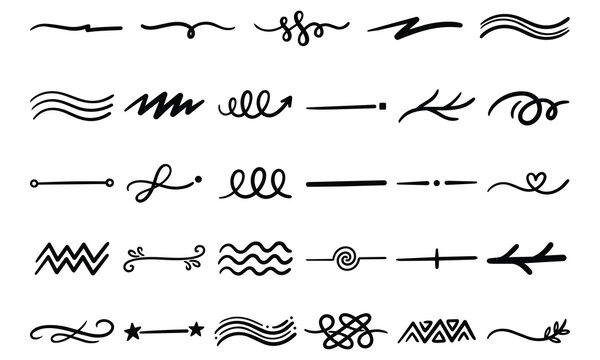 Hand drawn calligraphic underline dividers and swash borders set. Clean vector black handwritten strokes, waves, loops, swirls, and flourish dividers isolated on white background.