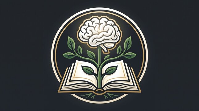Conceptual illustration of a human brain growing from an open book as a plant, symbolizing knowledge and intellectual growth