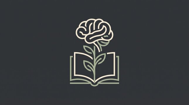 Conceptual minimalist illustration of a brain flower growing from an open book symbolizing knowledge and intellectual growth