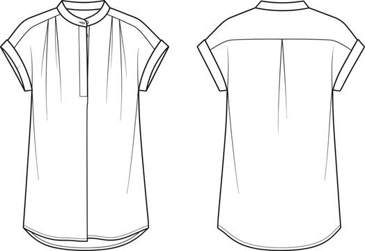 Women short sleeve band collar tunic shirt technical fashion flat sketch front and back view
