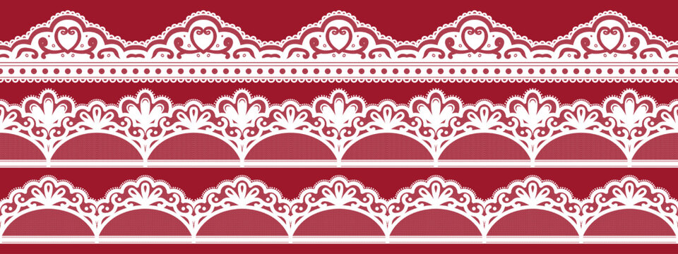 Seamless lace trim with ornate scallop border edge and vintage crochet pattern. Vector set for wedding invitation, textile design.