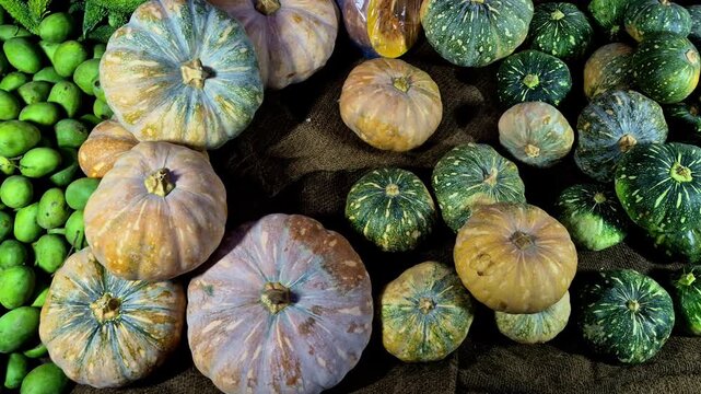 A colorful assortment of fresh pumpkins and gourds highlights varied shapes, textures, and harvest colours. Seasonal produce forms an eye-catching display at the local market.