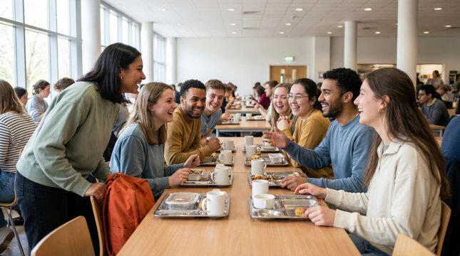Lively students laughing together over lunch trays in busy campus dining hall