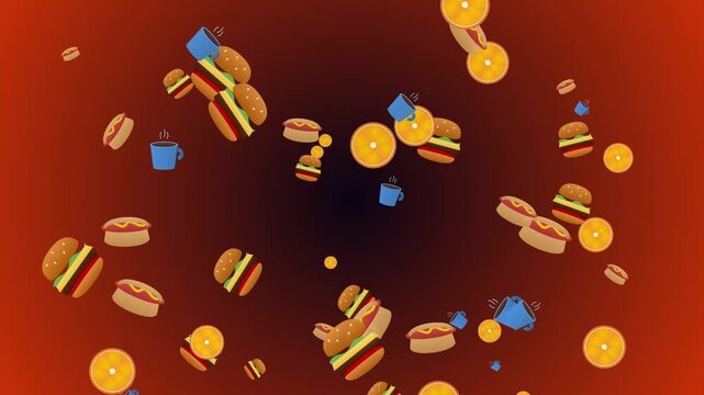 Fast food items like burgers and hot dogs falling with cups and oranges