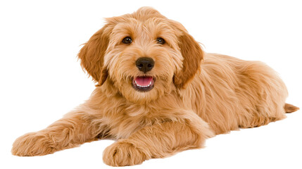 Golden doodle dog lying down with mouth open © darietta