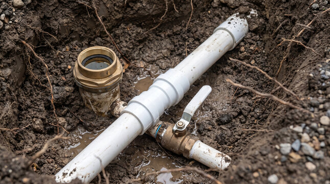 PVC pipe installation in trench. Underground plumbing system with ball valve connection.