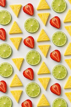 Fresh tropical fruit slices arranged in a geometric diagonal pattern