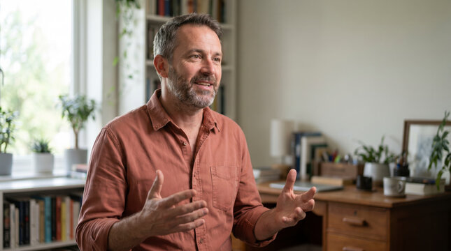 Expressive mature man gesturing while explaining idea in bright home office