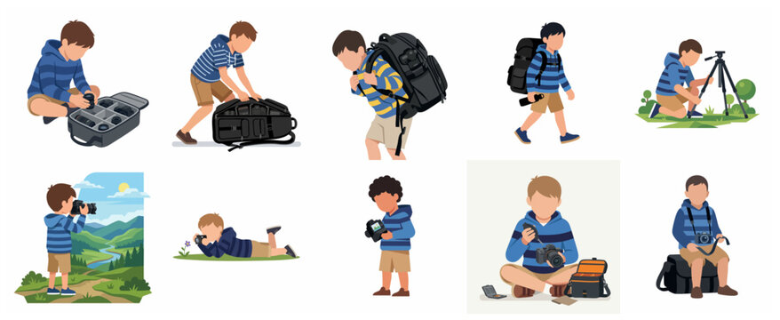 Vector illustration collection of a young boy photographer using professional camera gear, tripod, and backpacks in various outdoor and indoor activities