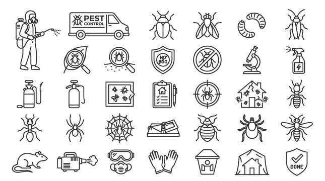 Professional pest control and exterminator services outline icon set.