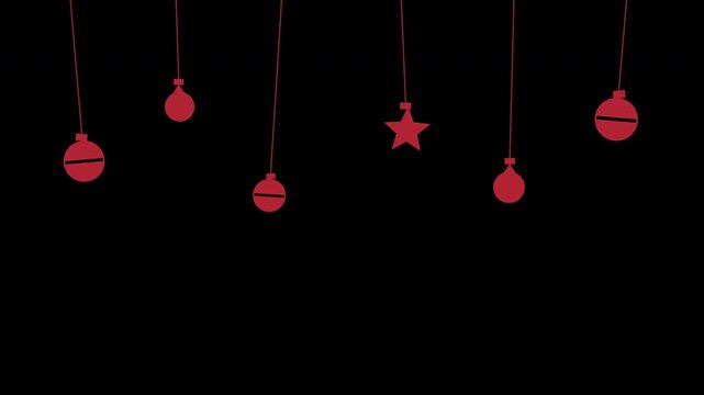 Hanging Christmas ornament baubles swinging like pendulums, red Christmas transparent overlay, seamless loop animation