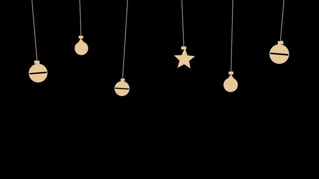 Hanging Christmas ornament baubles swinging like pendulums, gold Christmas transparent overlay, seamless loop animation