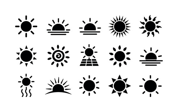 Summer Sun Symbols ? Solid glyph icon set with exactly 15 fully filled sun silhouettes arranged in a 5x3 grid: classic ray sun, sunrise, sunset, circular sunburst, wavy rays, pointed rays, spiral sun,