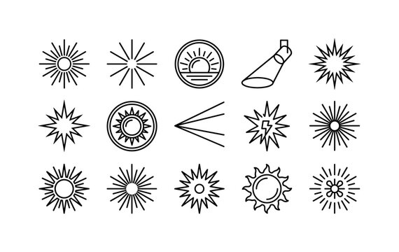 Collection of sun and starburst line art icons representing light and energy