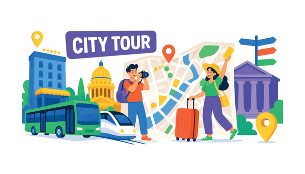 City Tourism Urban banner scene with 2 expressive tourists exploring oversized city map and large landmark, one holds camera while another waves taxi ticket near suitcase, supporting details include