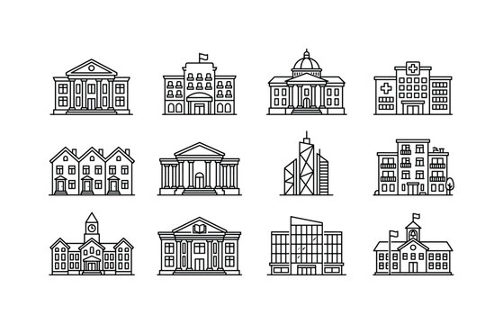 Collection of diverse building icons representing government, education, and healthcare institutions