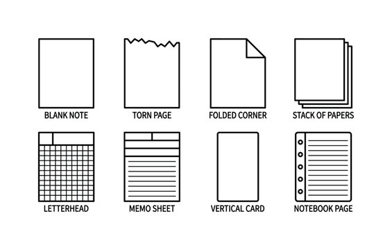 Collection of paper icons representing different stationery and document types