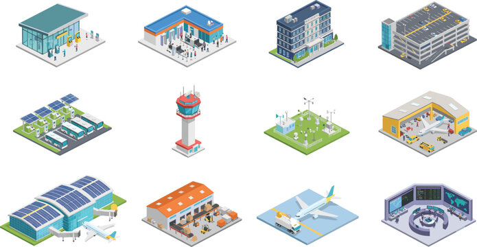 Isometric Airport Infrastructure Set Featuring Terminal Hangar Control Tower Logistics and Transportation Hub Vector Icons