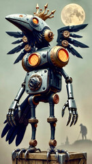Fototapeta premium Steampunk Crow Robot King with Golden Crown Standing on Wooden Crate Under Full Moon Illustration